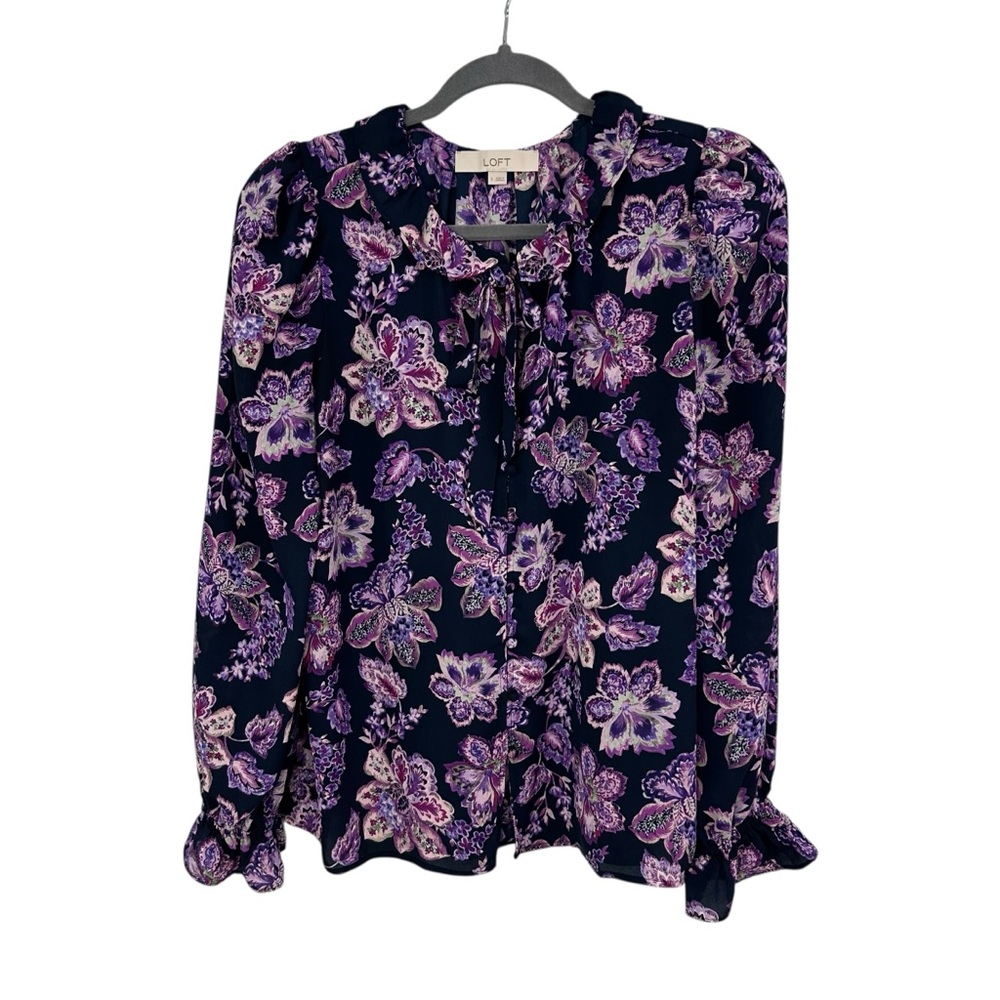 LOFT Navy, Pink, Purple Floral Ruffled Long Sleeve Tie Neck Blouse Size Small